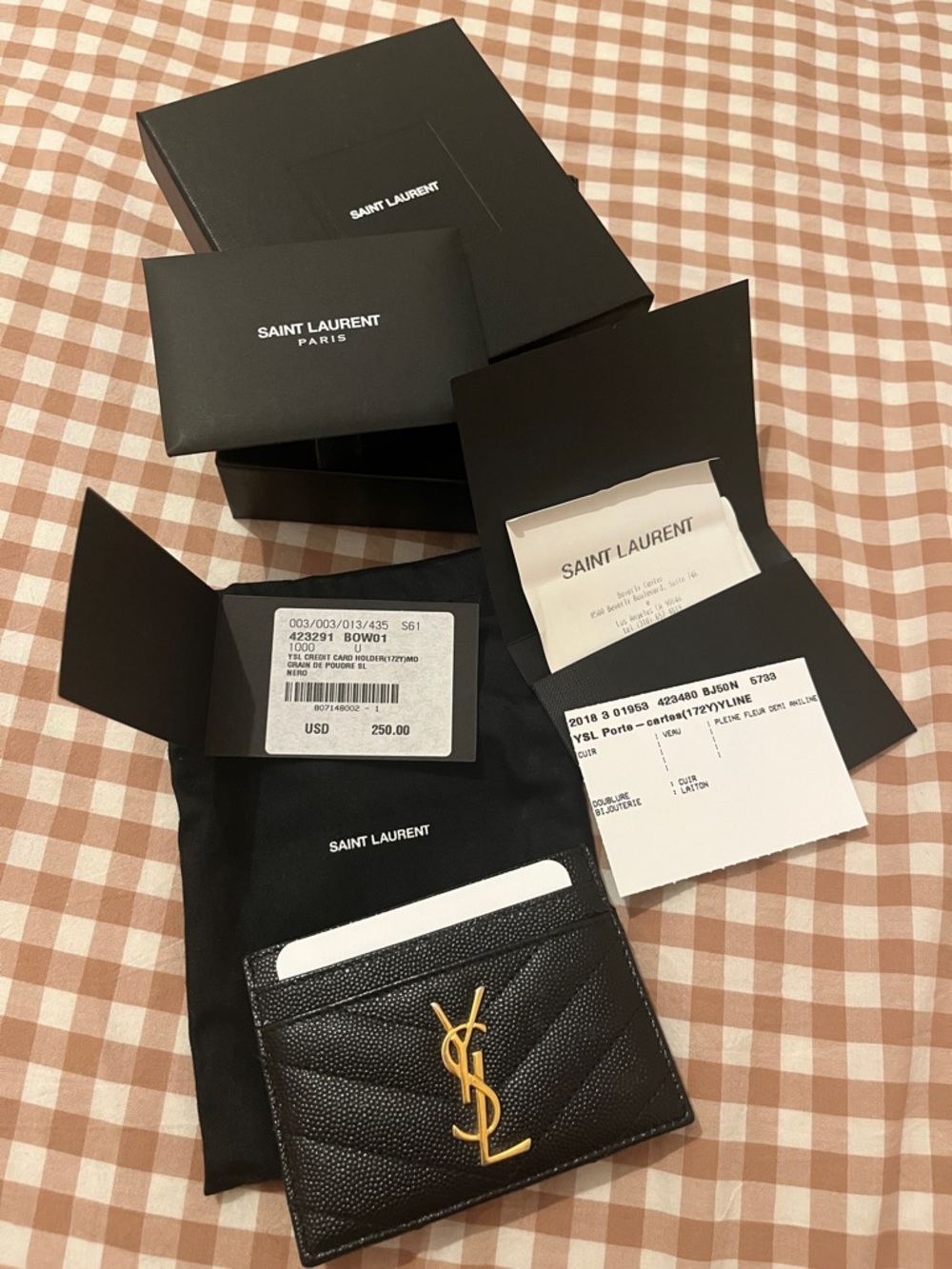 Saint Laurent Black Quilted Card Case with Gold YSL Emblem